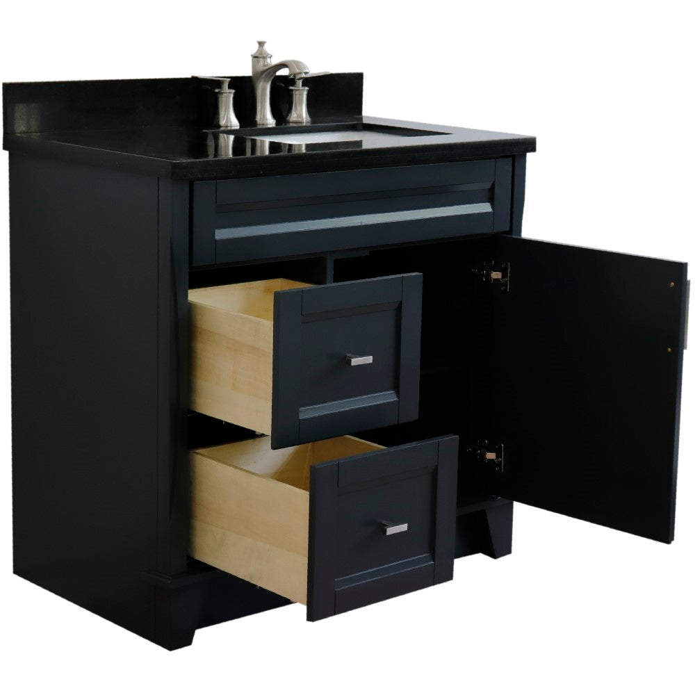 37" Single sink vanity in Dark Gray finish with Black galaxy granite and LEFT rectangle sink RIGHT drawers