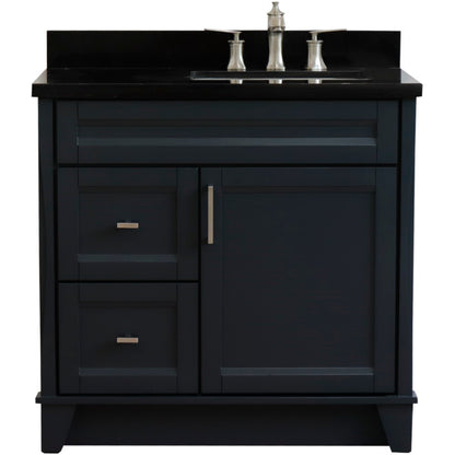 37" Single sink vanity in Dark Gray finish with Black galaxy granite and LEFT rectangle sink RIGHT drawers