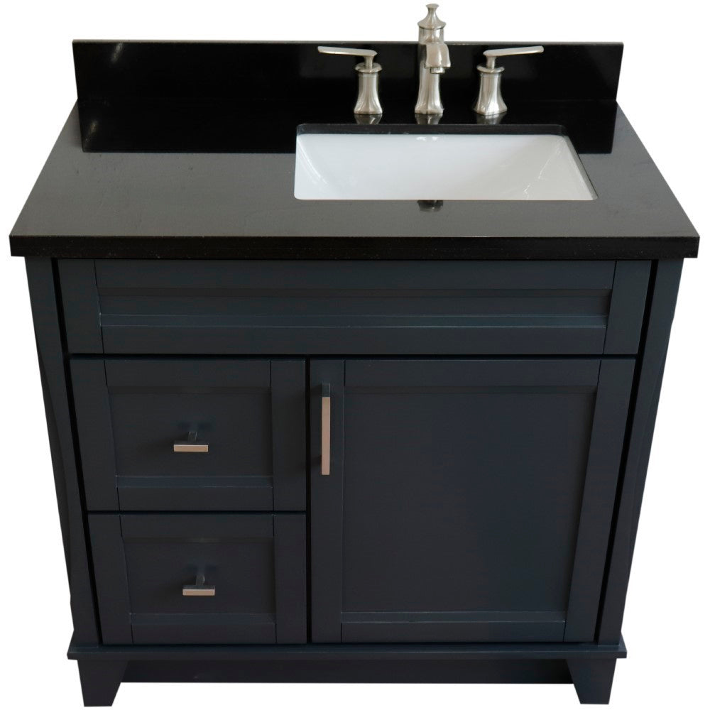 37" Single sink vanity in Dark Gray finish with Black galaxy granite and LEFT rectangle sink RIGHT drawers