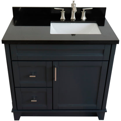 37" Single sink vanity in Dark Gray finish with Black galaxy granite and LEFT rectangle sink RIGHT drawers