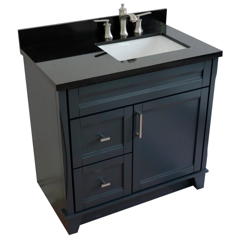 37" Single sink vanity in Dark Gray finish with Black galaxy granite and LEFT rectangle sink RIGHT drawers
