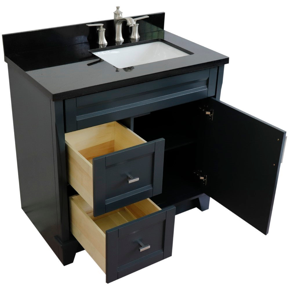 37" Single sink vanity in Dark Gray finish with Black galaxy granite and LEFT rectangle sink RIGHT drawers
