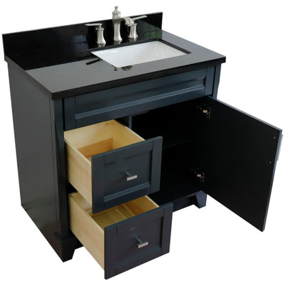 37" Single sink vanity in Dark Gray finish with Black galaxy granite and LEFT rectangle sink RIGHT drawers