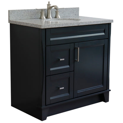 37" Single sink vanity in Dark Gray finish with Gray granite and CENTER oval sink RIGHT drawers