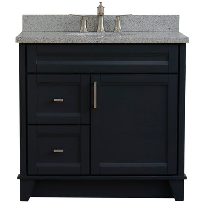 37" Single sink vanity in Dark Gray finish with Gray granite and CENTER oval sink RIGHT drawers