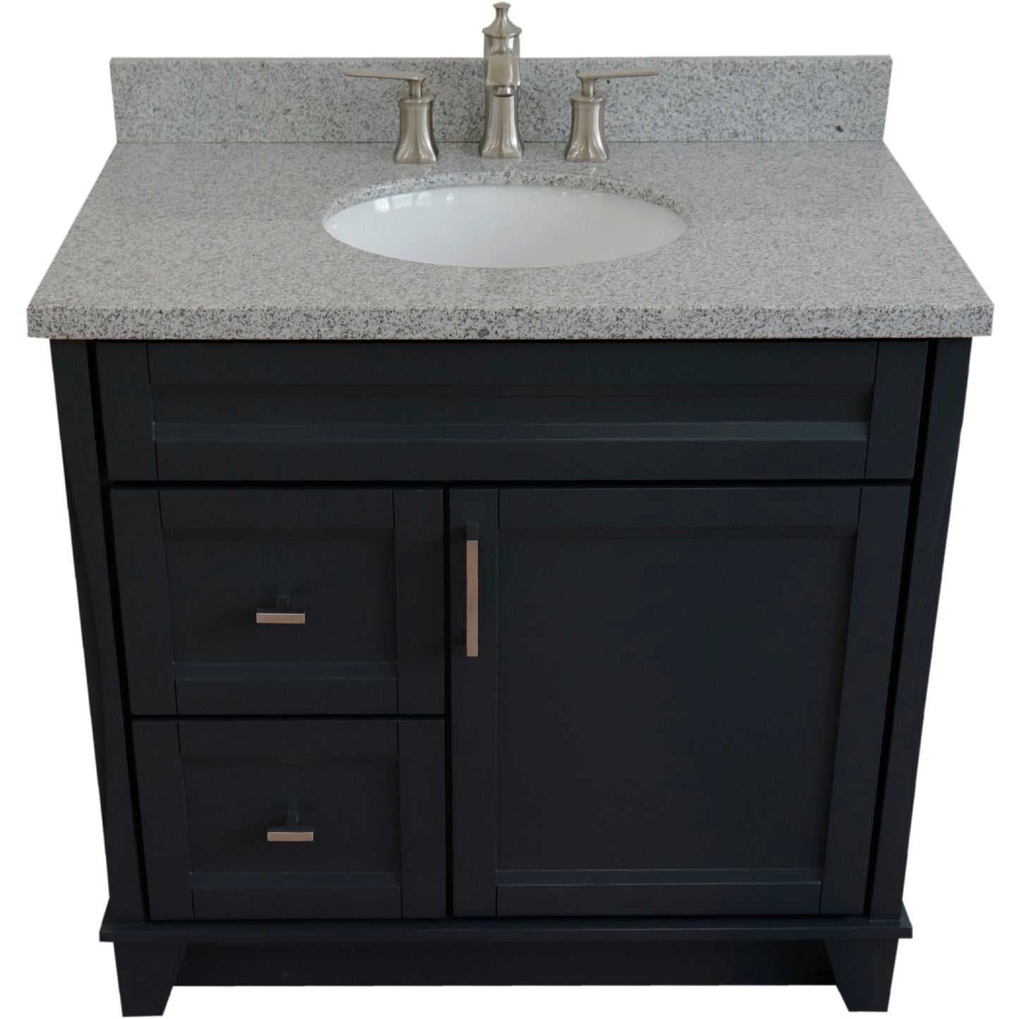 37" Single sink vanity in Dark Gray finish with Gray granite and CENTER oval sink RIGHT drawers