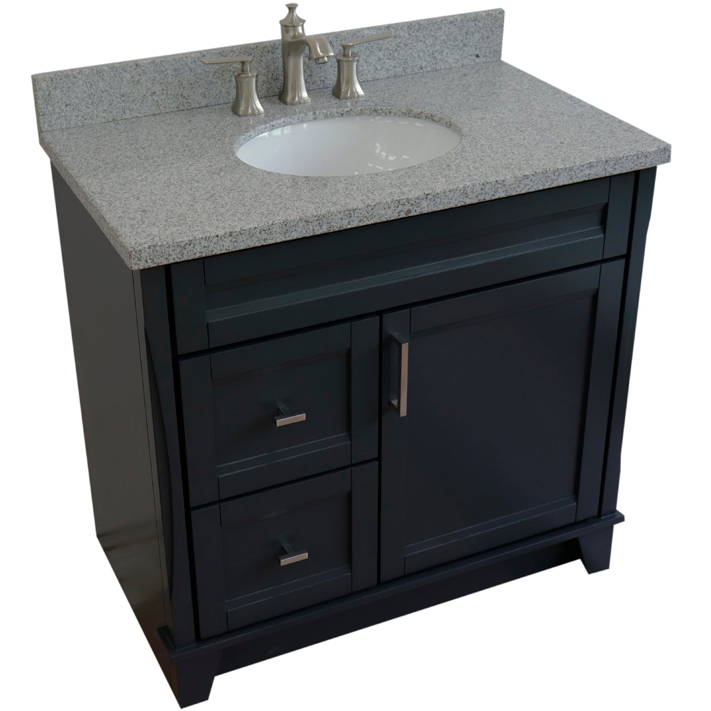 37" Single sink vanity in Dark Gray finish with Gray granite and CENTER oval sink RIGHT drawers