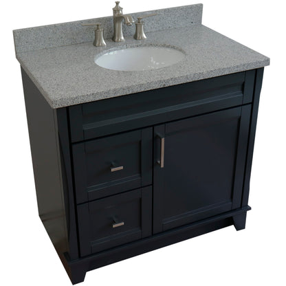 37" Single sink vanity in Dark Gray finish with Gray granite and CENTER oval sink RIGHT drawers