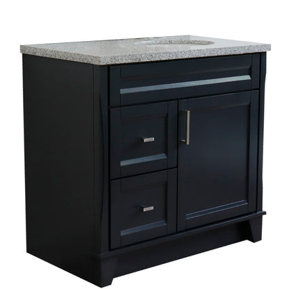 37" Single sink vanity in Dark Gray finish with Gray granite and LEFT oval sink RIGHT drawers