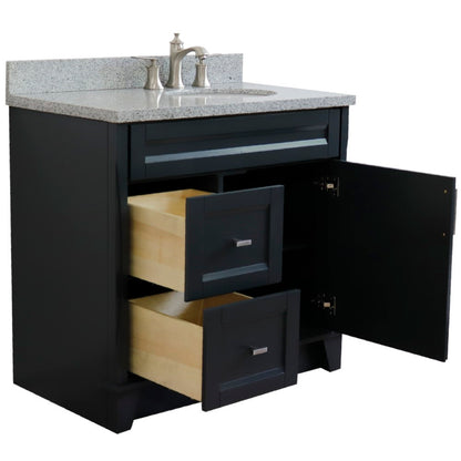 37" Single sink vanity in Dark Gray finish with Gray granite and LEFT oval sink RIGHT drawers