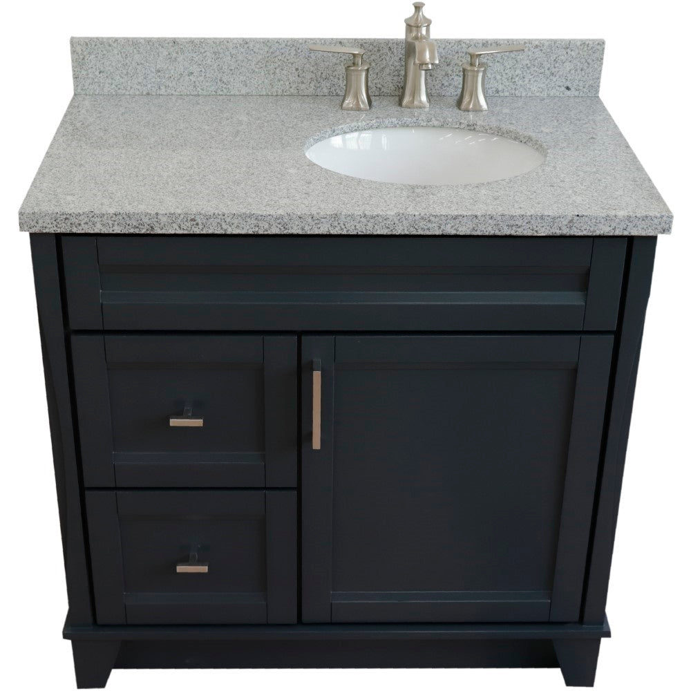 37" Single sink vanity in Dark Gray finish with Gray granite and LEFT oval sink RIGHT drawers