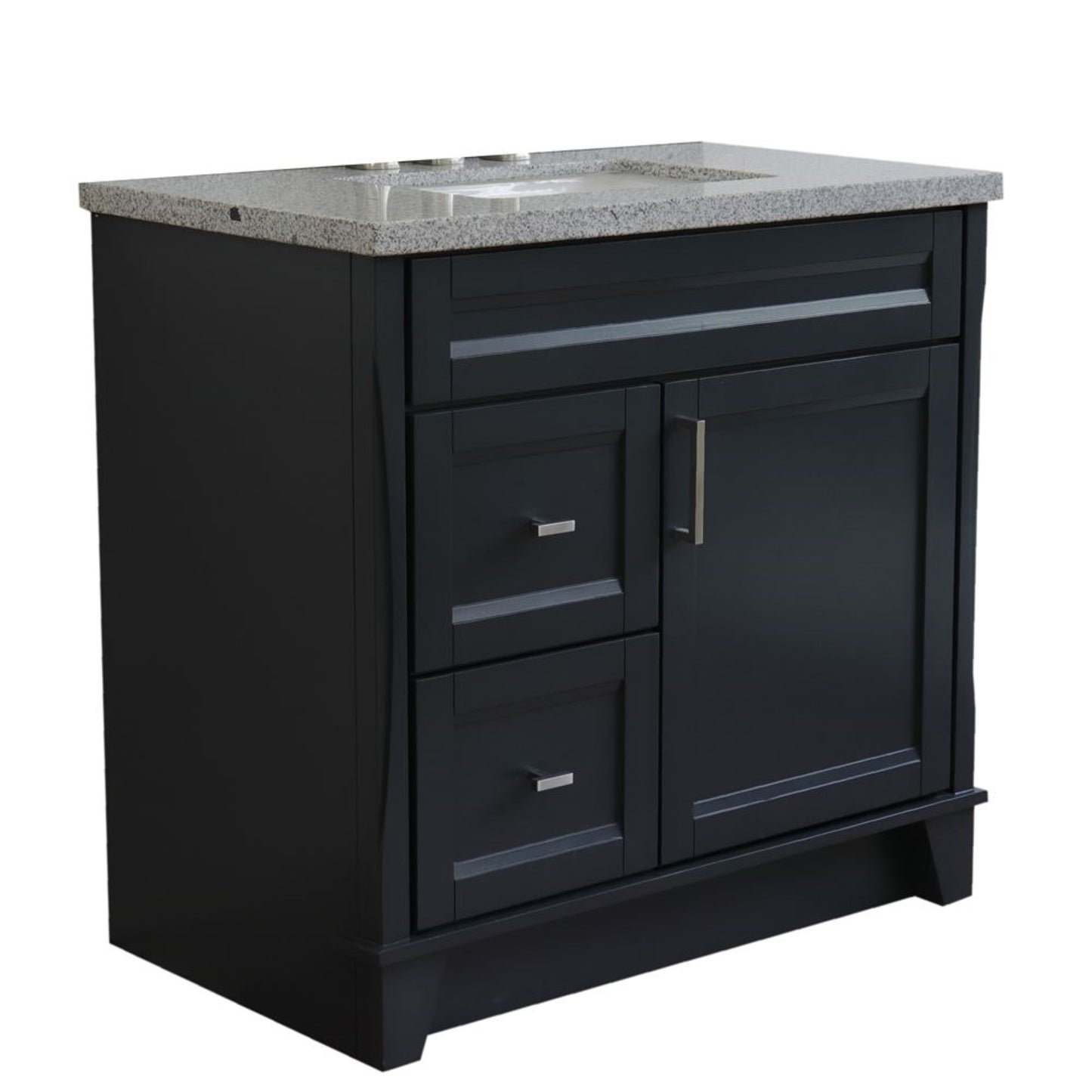 37" Single sink vanity in Dark Gray finish with Gray granite and CENTER rectangle sink RIGHT drawers