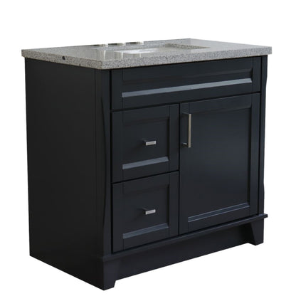 37" Single sink vanity in Dark Gray finish with Gray granite and CENTER rectangle sink RIGHT drawers