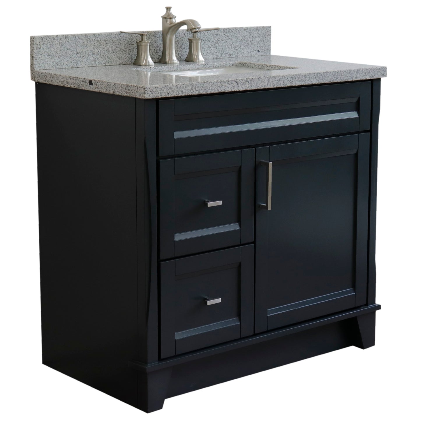 37" Single sink vanity in Dark Gray finish with Gray granite and CENTER rectangle sink RIGHT drawers