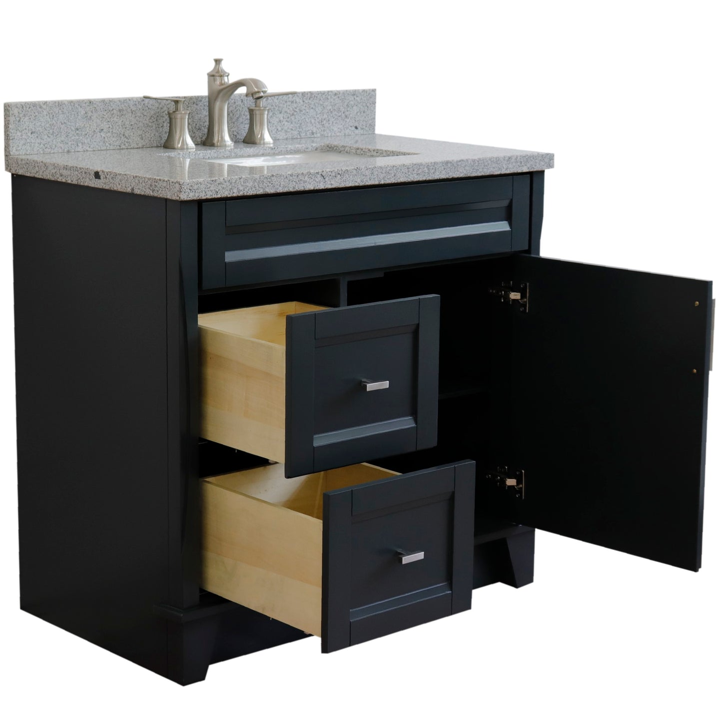37" Single sink vanity in Dark Gray finish with Gray granite and CENTER rectangle sink RIGHT drawers