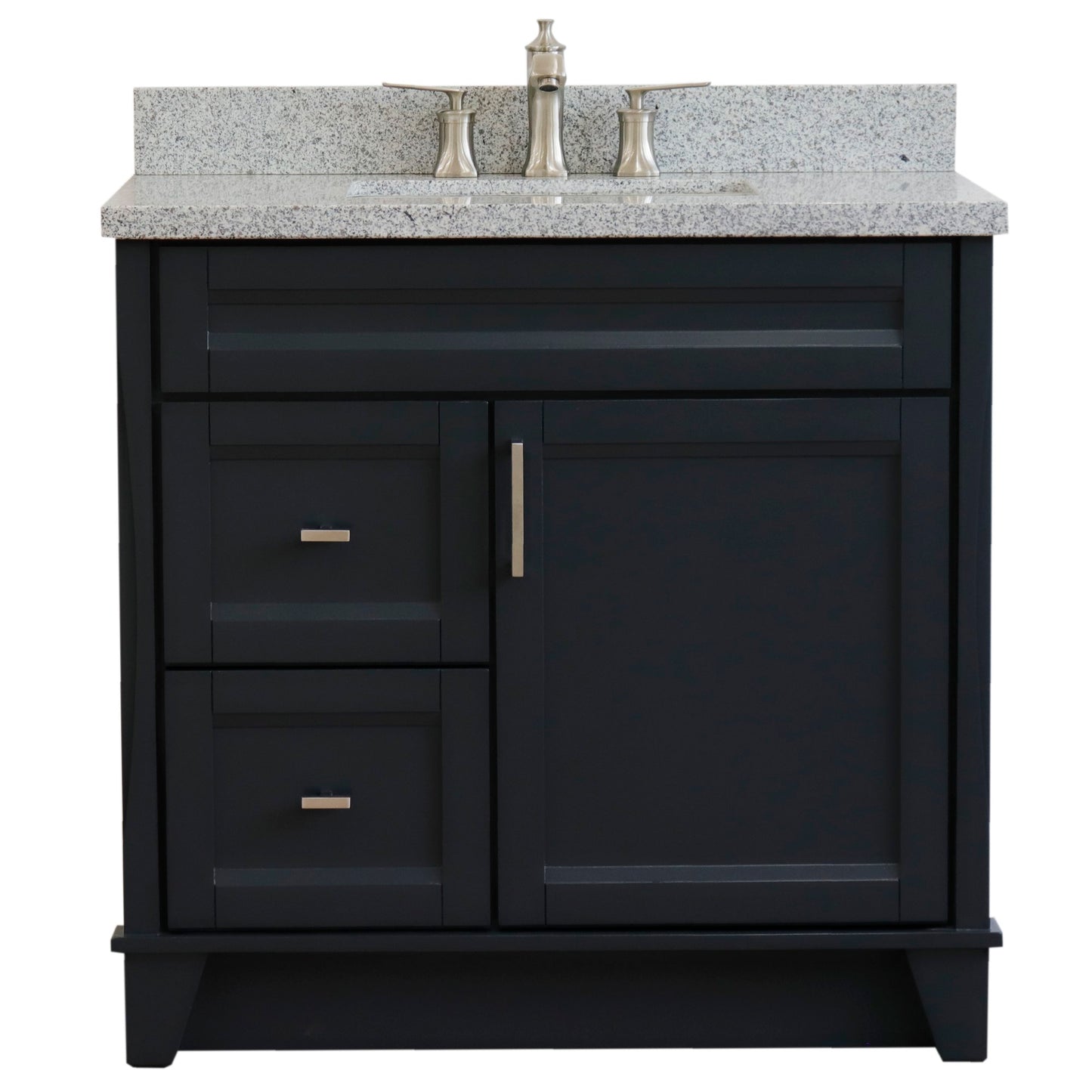 37" Single sink vanity in Dark Gray finish with Gray granite and CENTER rectangle sink RIGHT drawers