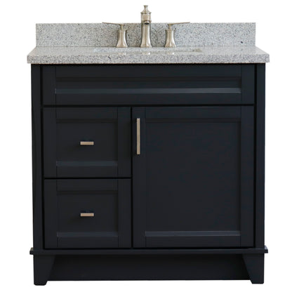 37" Single sink vanity in Dark Gray finish with Gray granite and CENTER rectangle sink RIGHT drawers