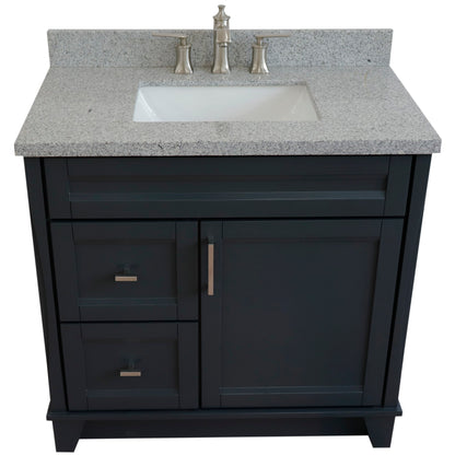 37" Single sink vanity in Dark Gray finish with Gray granite and CENTER rectangle sink RIGHT drawers