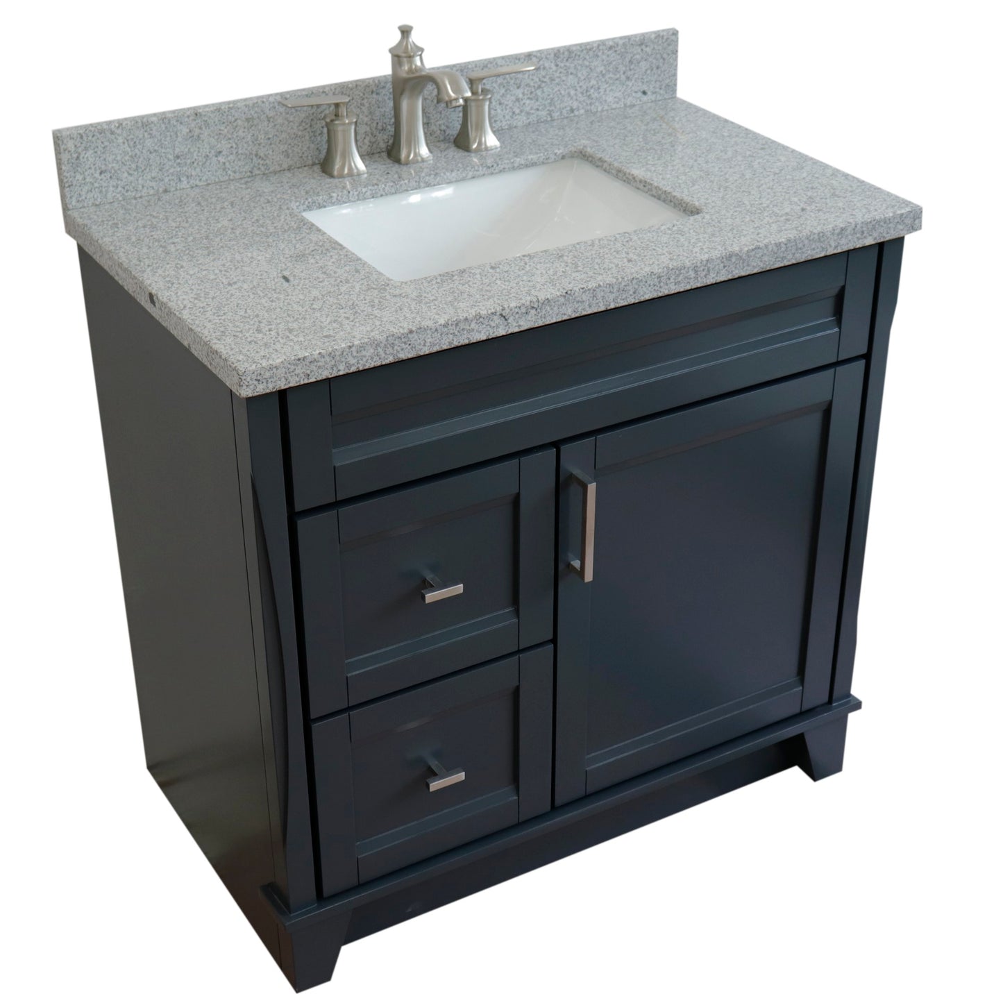 37" Single sink vanity in Dark Gray finish with Gray granite and CENTER rectangle sink RIGHT drawers