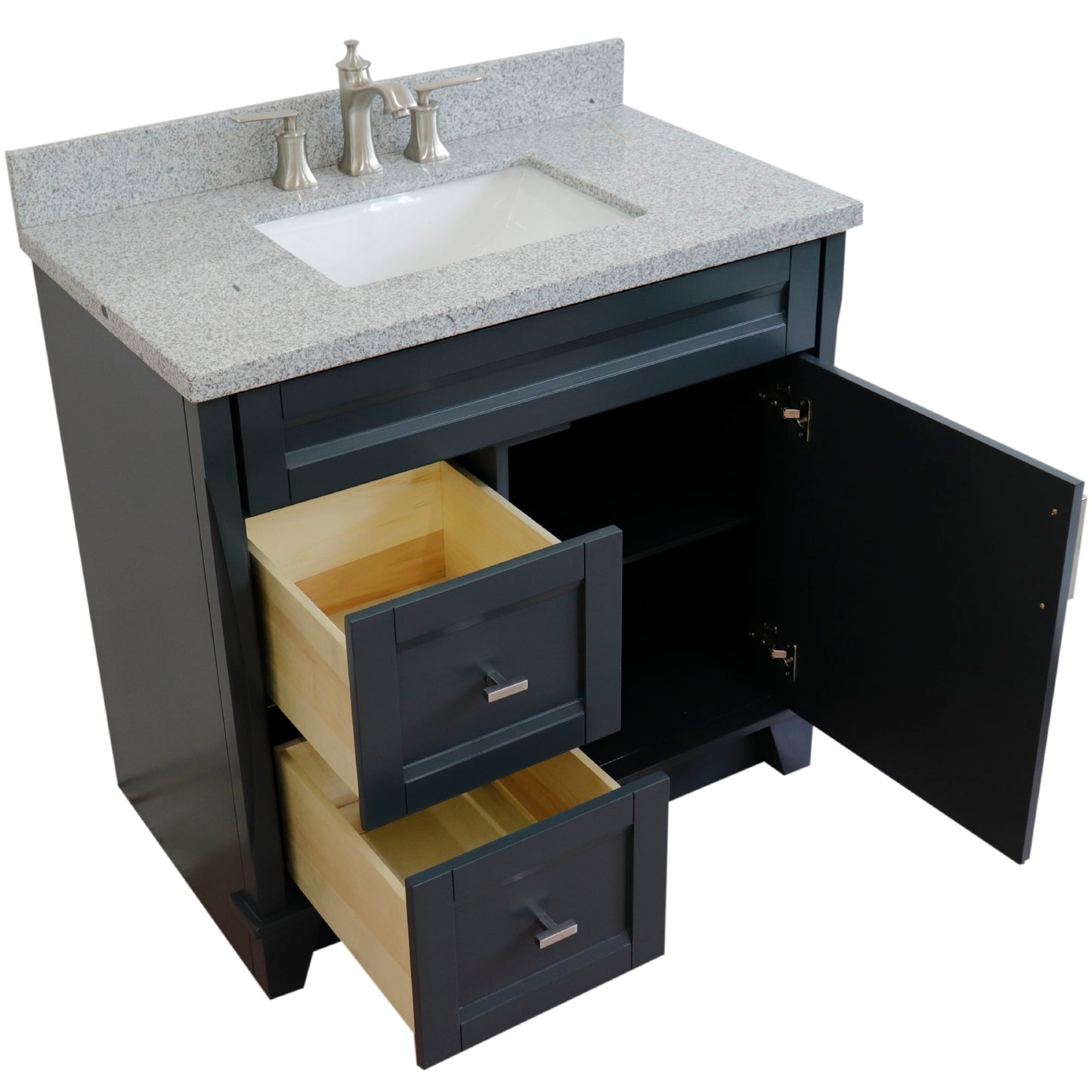 37" Single sink vanity in Dark Gray finish with Gray granite and CENTER rectangle sink RIGHT drawers
