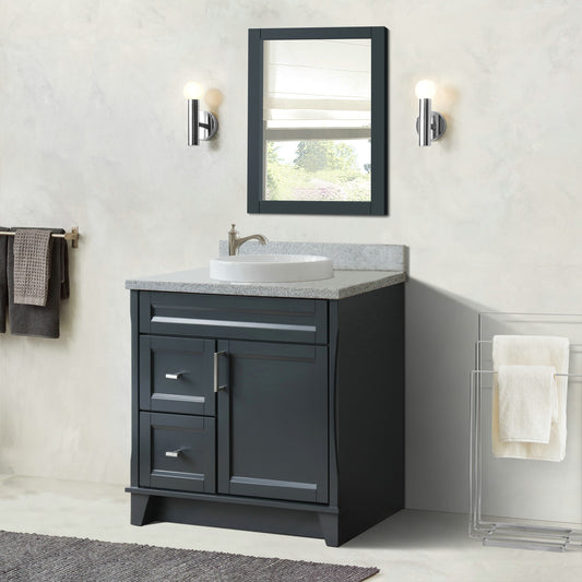37" Single sink vanity in Dark Gray finish with Gray granite and CENTER round sink RIGHT drawers