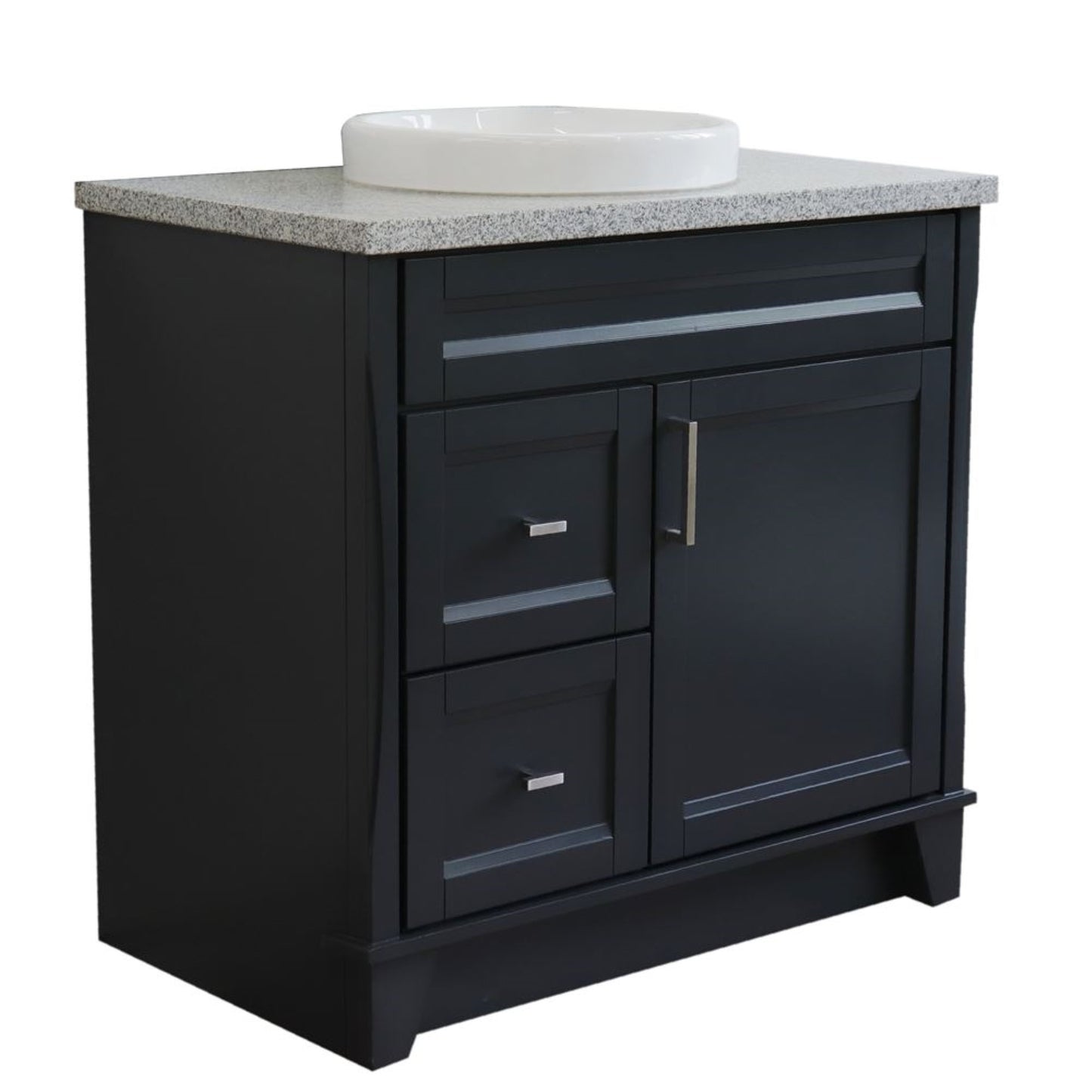 37" Single sink vanity in Dark Gray finish with Gray granite and CENTER round sink RIGHT drawers