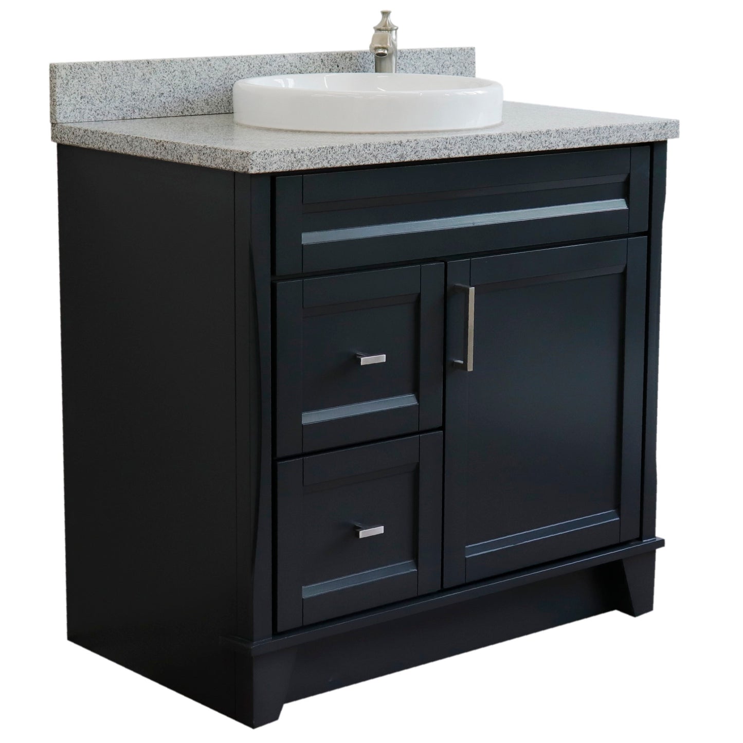 37" Single sink vanity in Dark Gray finish with Gray granite and CENTER round sink RIGHT drawers
