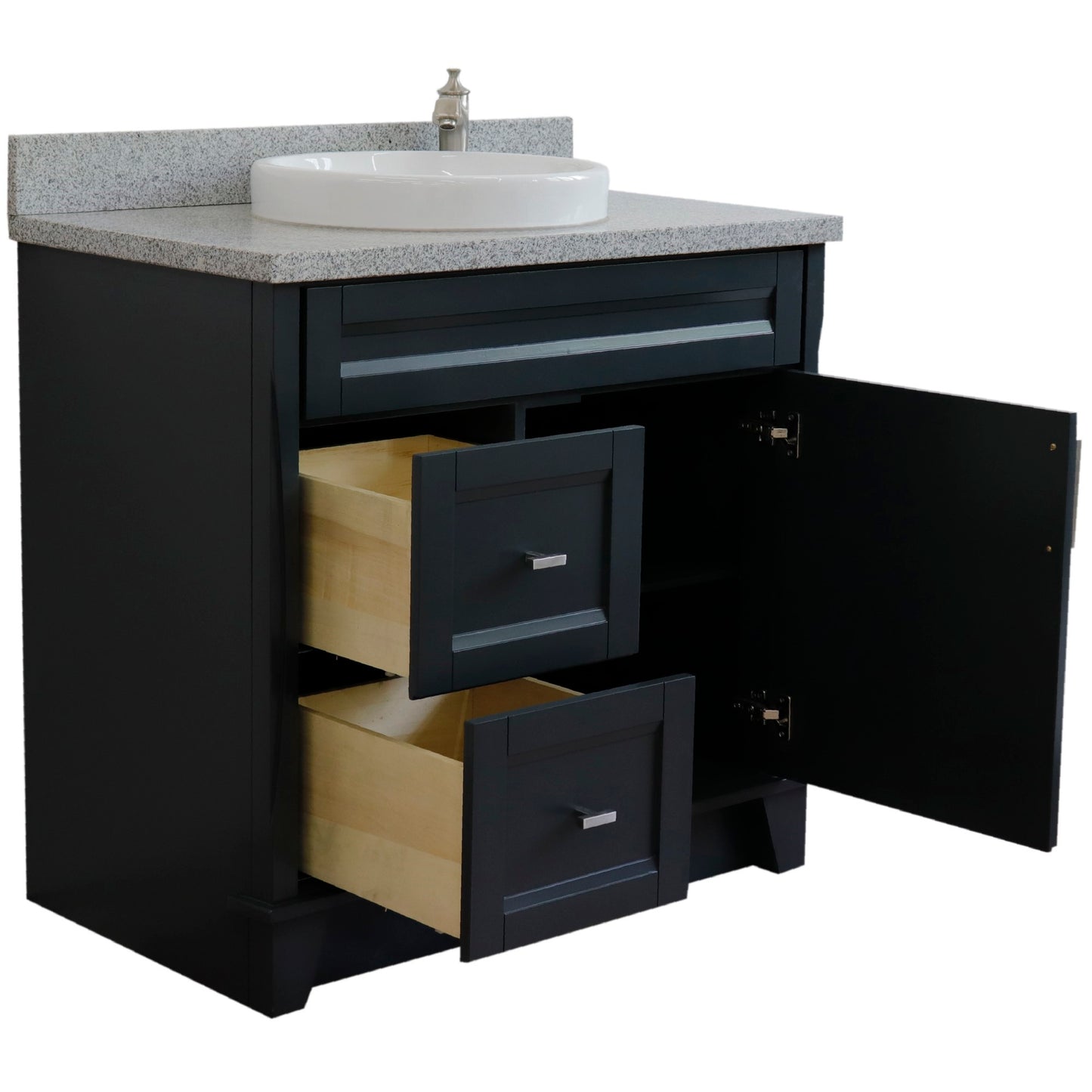 37" Single sink vanity in Dark Gray finish with Gray granite and CENTER round sink RIGHT drawers