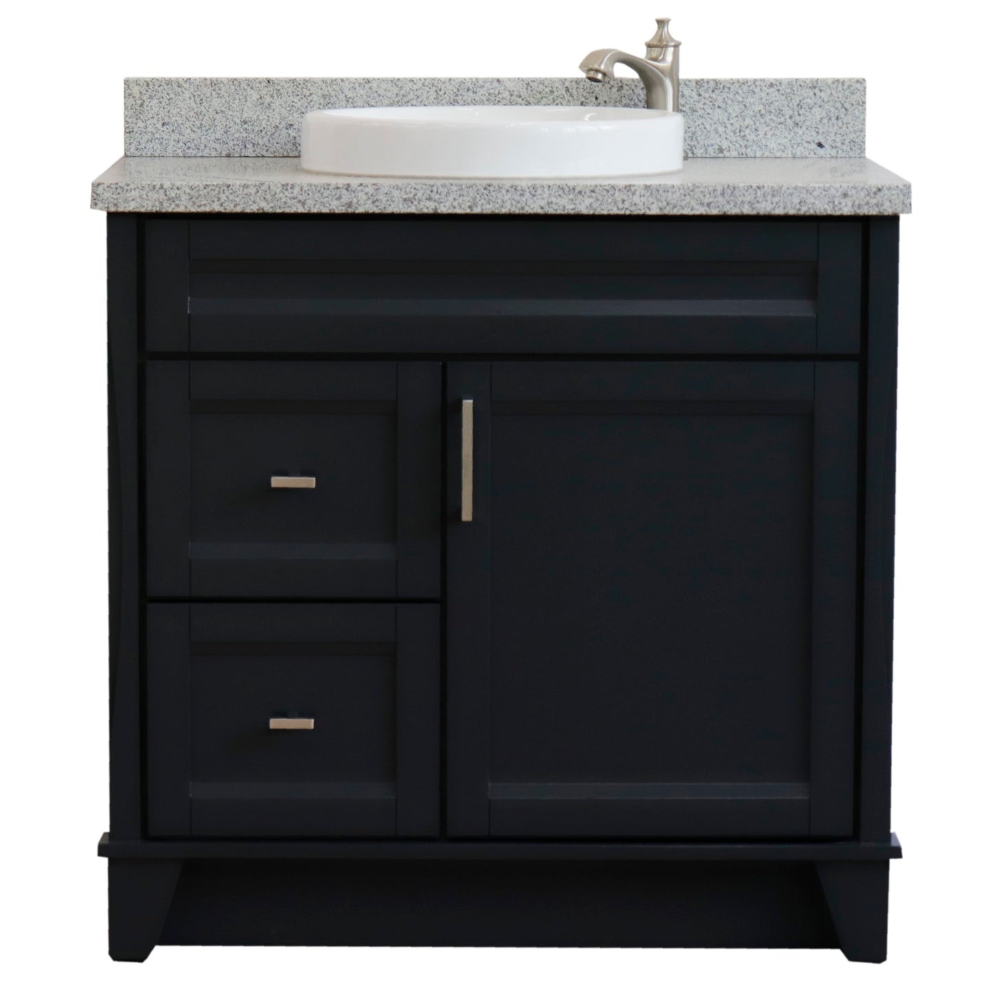 37" Single sink vanity in Dark Gray finish with Gray granite and CENTER round sink RIGHT drawers