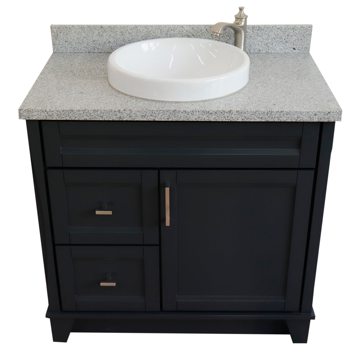37" Single sink vanity in Dark Gray finish with Gray granite and CENTER round sink RIGHT drawers