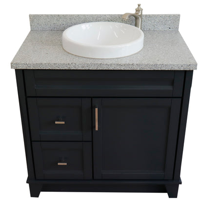 37" Single sink vanity in Dark Gray finish with Gray granite and CENTER round sink RIGHT drawers