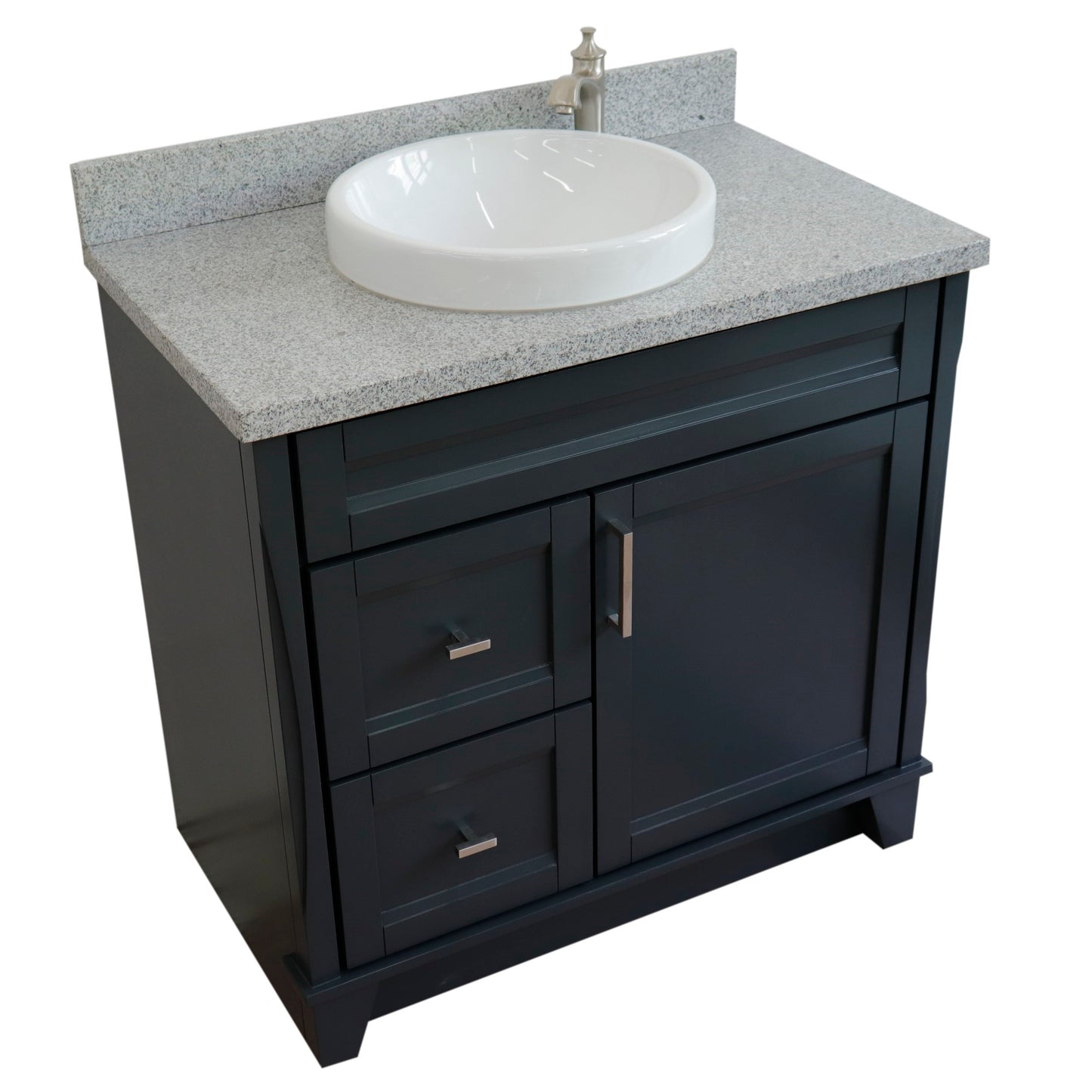 37" Single sink vanity in Dark Gray finish with Gray granite and CENTER round sink RIGHT drawers