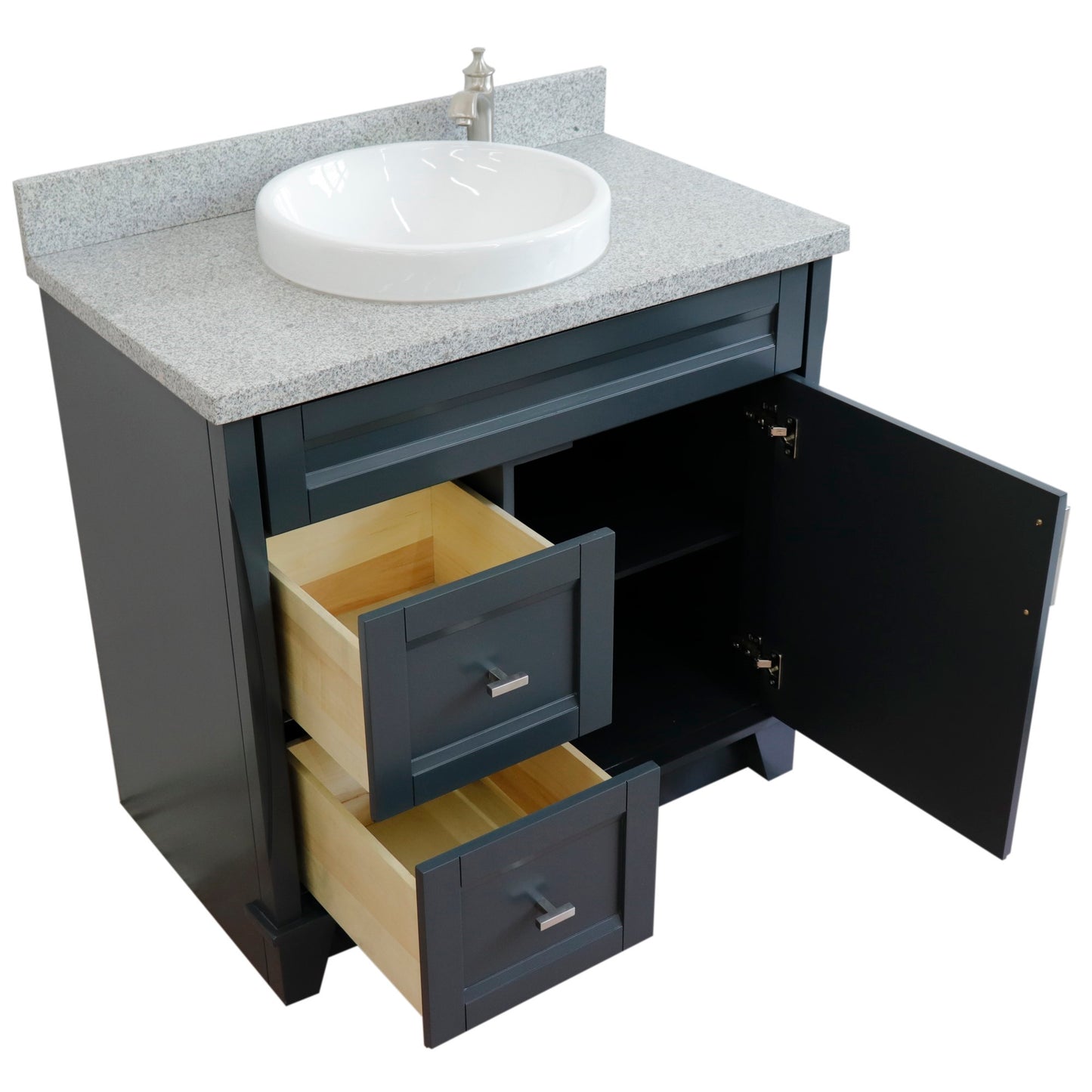 37" Single sink vanity in Dark Gray finish with Gray granite and CENTER round sink RIGHT drawers
