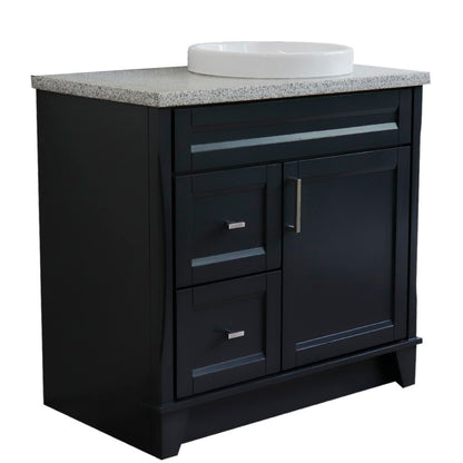 37" Single sink vanity in Dark Gray finish with Gray granite and LEFT round sink RIGHT drawers