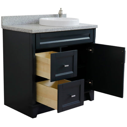 37" Single sink vanity in Dark Gray finish with Gray granite and LEFT round sink RIGHT drawers