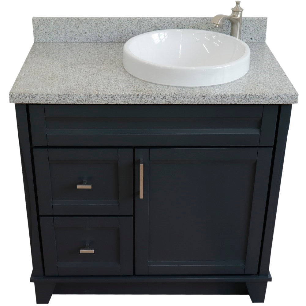 37" Single sink vanity in Dark Gray finish with Gray granite and LEFT round sink RIGHT drawers