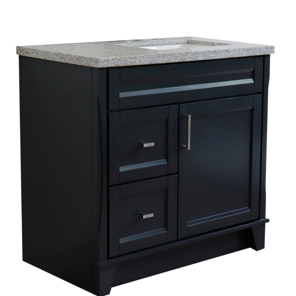 37" Single sink vanity in Dark Gray finish with Gray granite and LEFT rectangle sink RIGHT drawers
