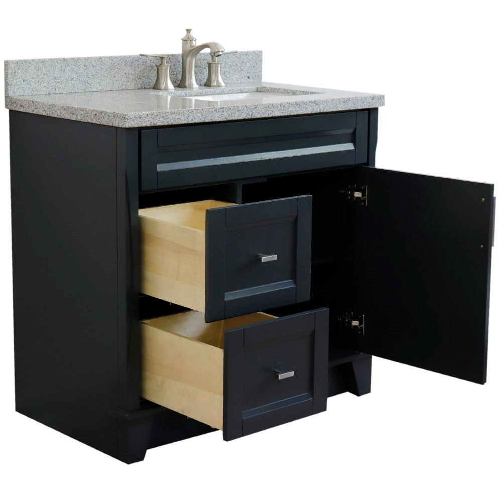 37" Single sink vanity in Dark Gray finish with Gray granite and LEFT rectangle sink RIGHT drawers
