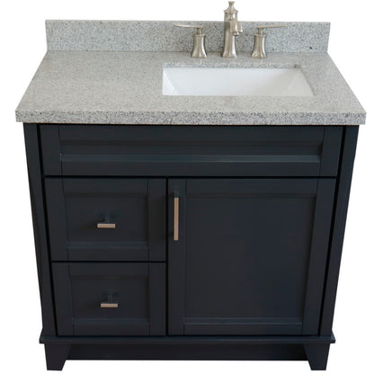 37" Single sink vanity in Dark Gray finish with Gray granite and LEFT rectangle sink RIGHT drawers