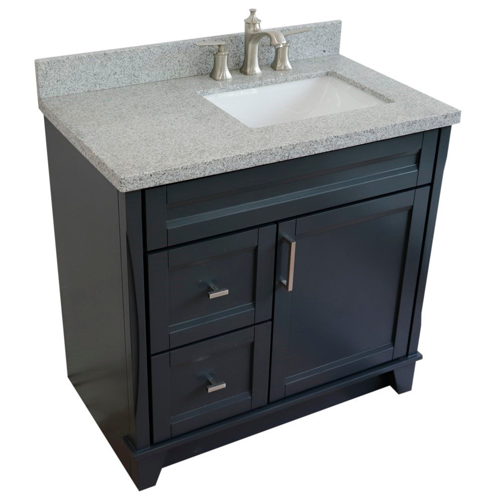 37" Single sink vanity in Dark Gray finish with Gray granite and LEFT rectangle sink RIGHT drawers