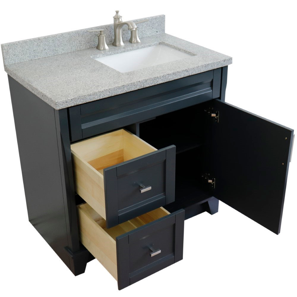37" Single sink vanity in Dark Gray finish with Gray granite and LEFT rectangle sink RIGHT drawers