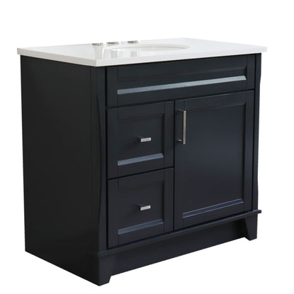 37" Single sink vanity in Dark Gray finish with White engineered stone and CENTER oval sink RIGHT drawers