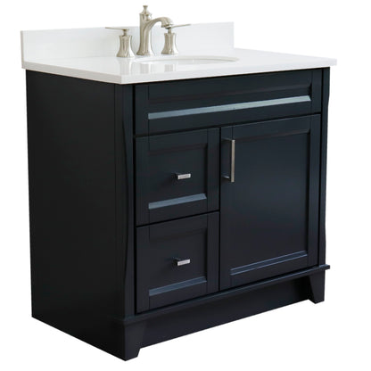37" Single sink vanity in Dark Gray finish with White engineered stone and CENTER oval sink RIGHT drawers