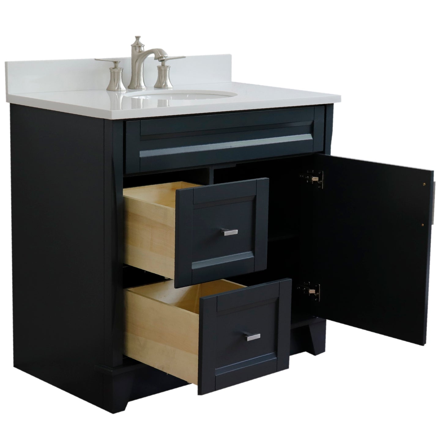37" Single sink vanity in Dark Gray finish with White engineered stone and CENTER oval sink RIGHT drawers