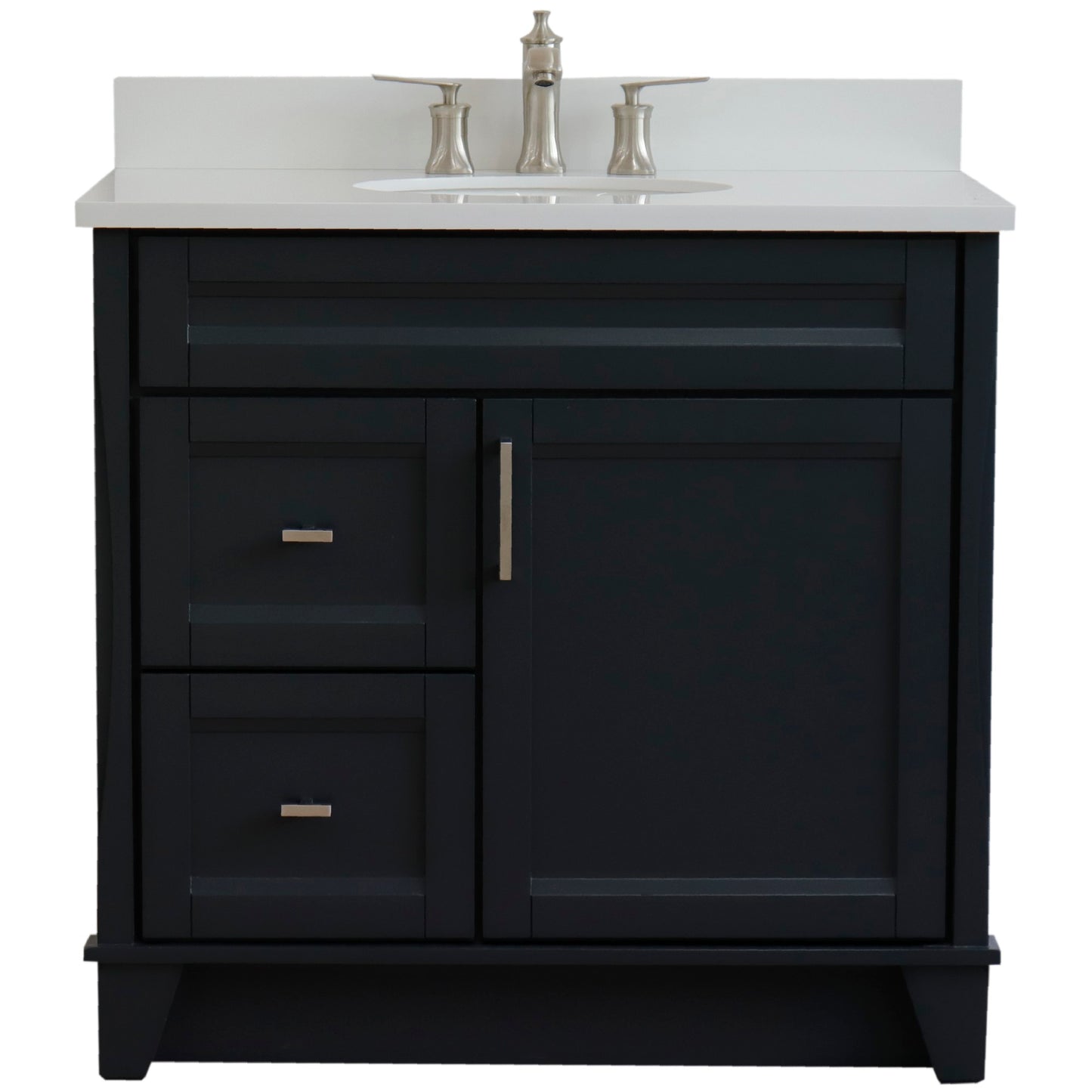 37" Single sink vanity in Dark Gray finish with White engineered stone and CENTER oval sink RIGHT drawers