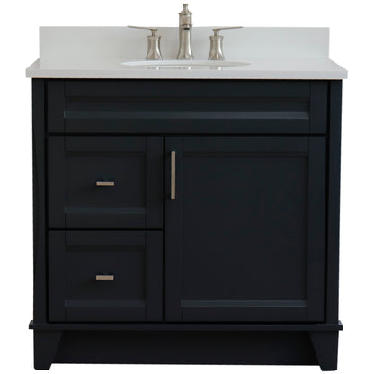 37" Single sink vanity in Dark Gray finish with White engineered stone and CENTER oval sink RIGHT drawers