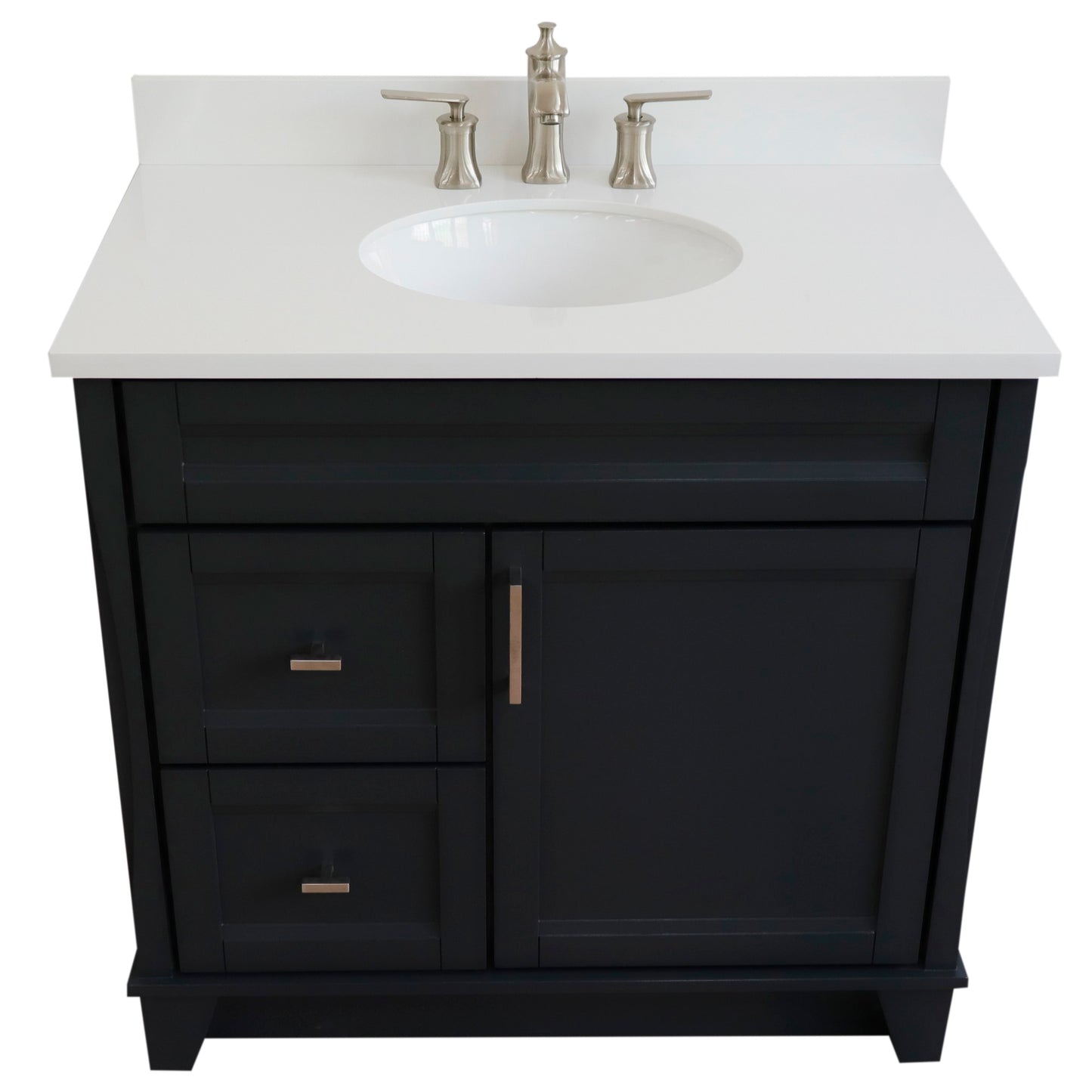 37" Single sink vanity in Dark Gray finish with White engineered stone and CENTER oval sink RIGHT drawers