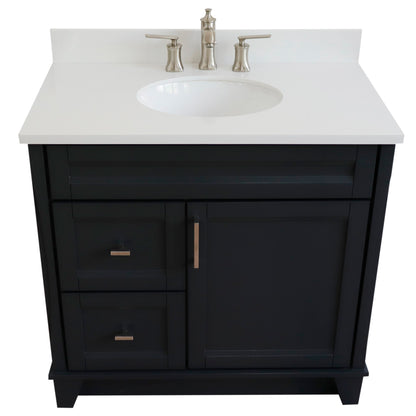 37" Single sink vanity in Dark Gray finish with White engineered stone and CENTER oval sink RIGHT drawers