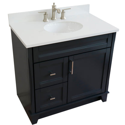 37" Single sink vanity in Dark Gray finish with White engineered stone and CENTER oval sink RIGHT drawers