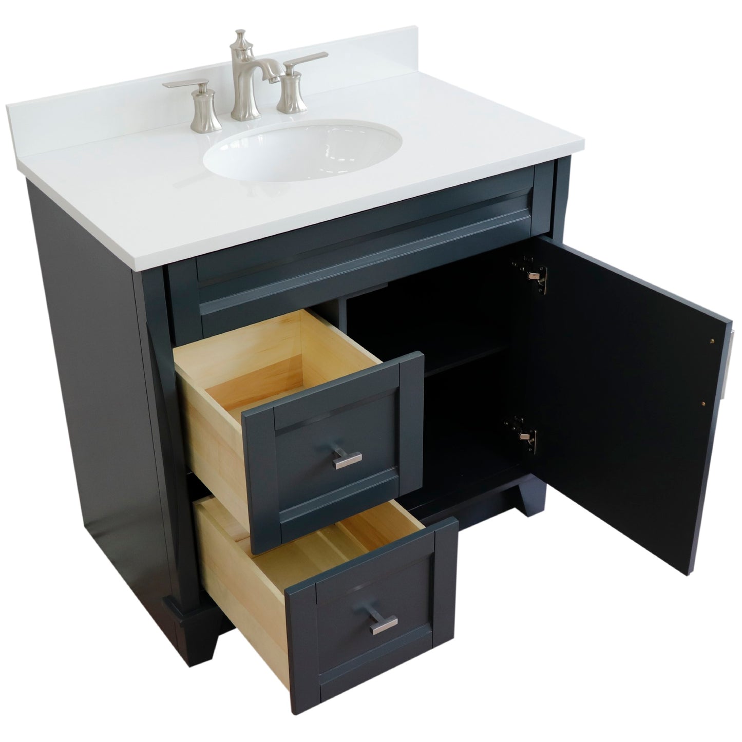 37" Single sink vanity in Dark Gray finish with White engineered stone and CENTER oval sink RIGHT drawers